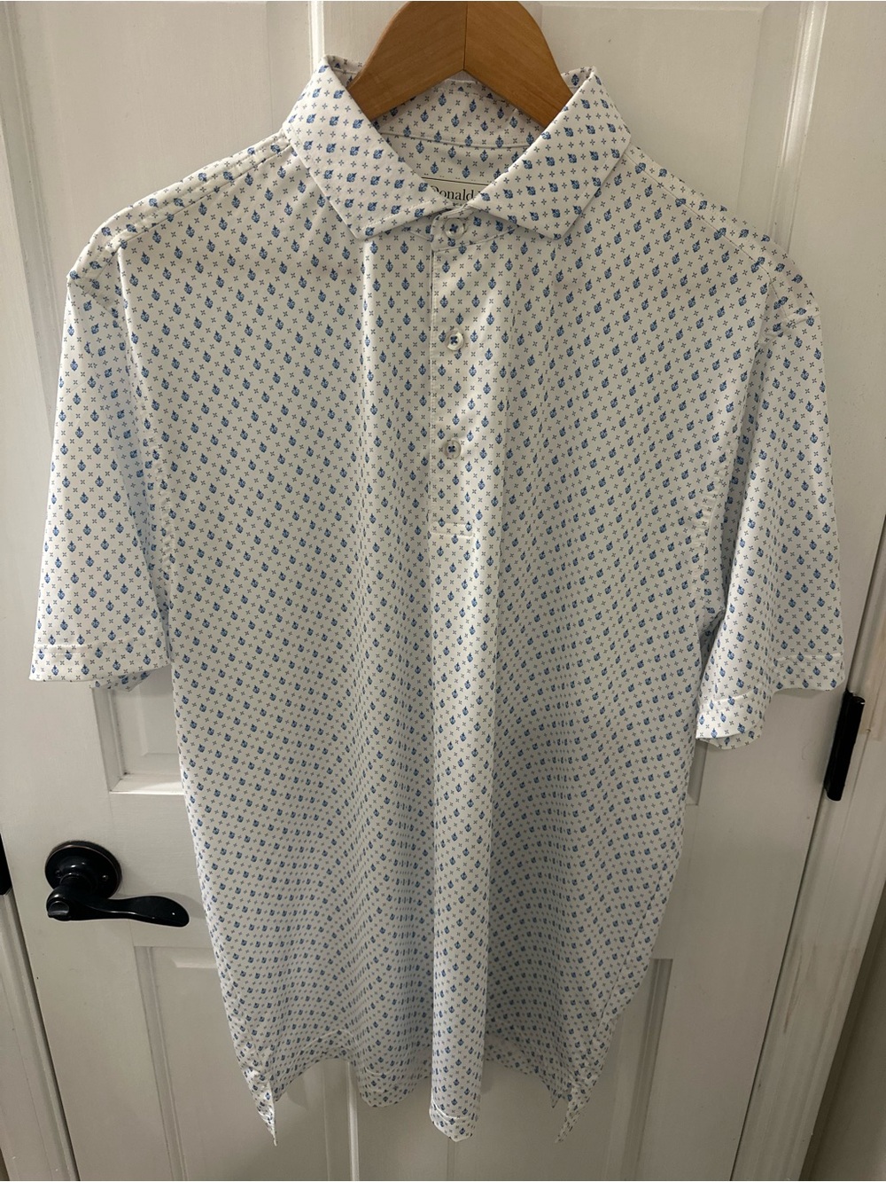Men's White Polo with Blue Micro Pattern - Lightweight Casual